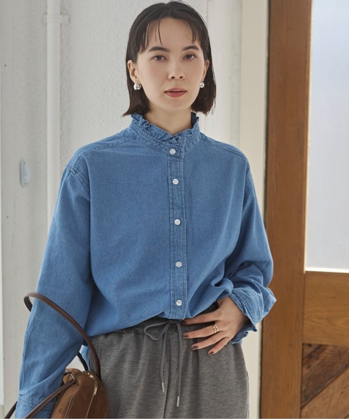 デニム フリルカラー シャツ（シャツ/ブラウス）｜ANGIE