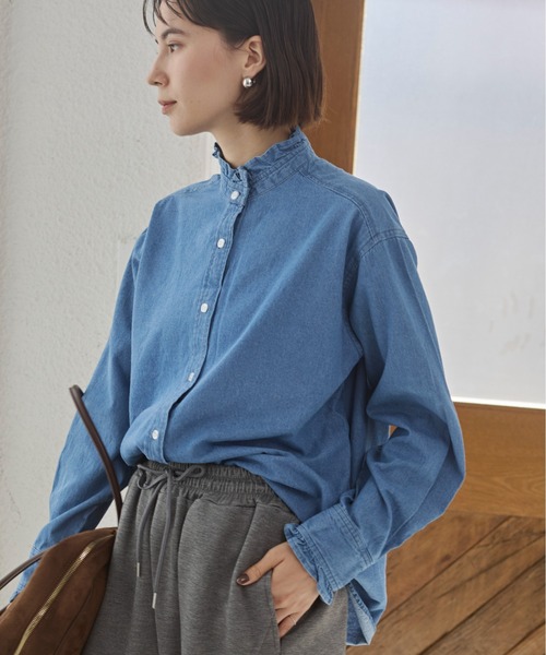 セール】デニム フリルカラー シャツ（シャツ/ブラウス）｜ANGIE