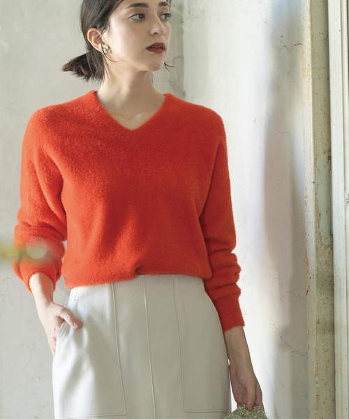 セール】《5color/S-LLsize》フェザーヤーンVネックニット【洗濯機洗い