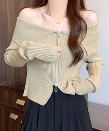 オフショルダブルジップリブニット