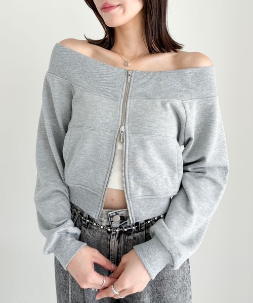 Heather(ヘザー)の「オフショルZIP裏毛スウェット 149049(スウェット・レディース・スミクロ/オートミール/グレー・FREE)」の1枚目の写真