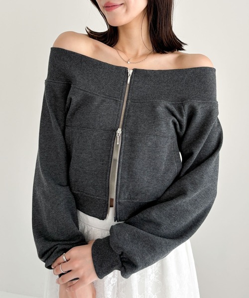 Heather(ヘザー)の「オフショルZIP裏毛スウェット 149049(スウェット・レディース・スミクロ/オートミール/グレー・FREE)」の2枚目の写真