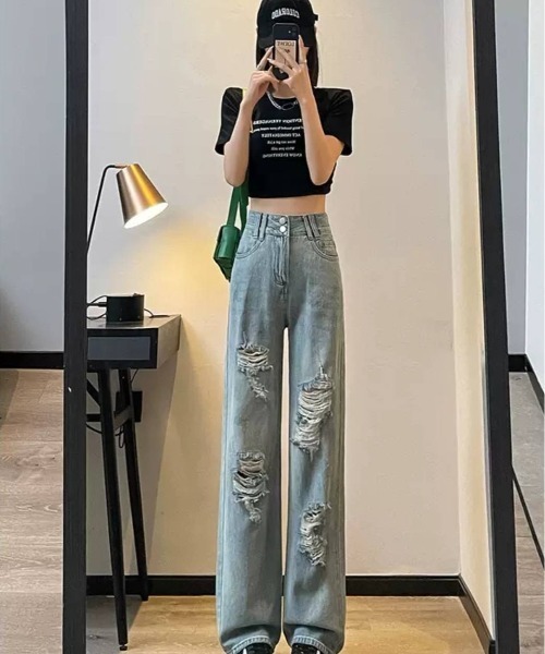 pumpkin port（パンプキンポート）の「ダメージデニム ロングパンツ（デニムパンツ・レディース・ブルー・L/M/S）」の4枚目の写真