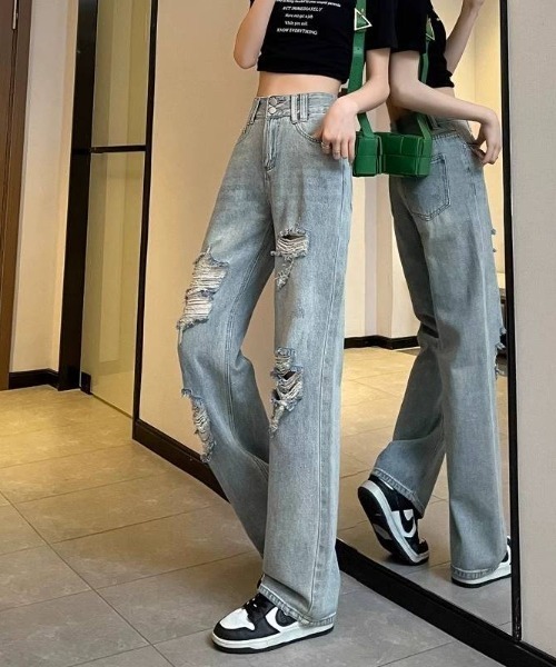 pumpkin port（パンプキンポート）の「ダメージデニム ロングパンツ（デニムパンツ・レディース・ブルー・L/M/S）」の5枚目の写真