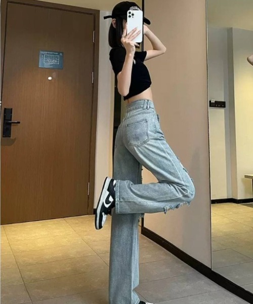 pumpkin port（パンプキンポート）の「ダメージデニム ロングパンツ（デニムパンツ・レディース・ブルー・L/M/S）」の6枚目の写真