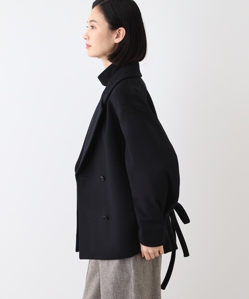 セール】【日本製】ベルト付フォルムショートコート（ピーコート