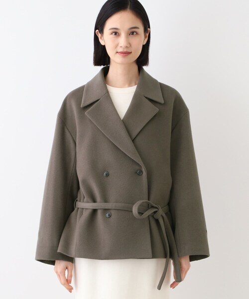 セール】【日本製】ベルト付フォルムショートコート（ピーコート