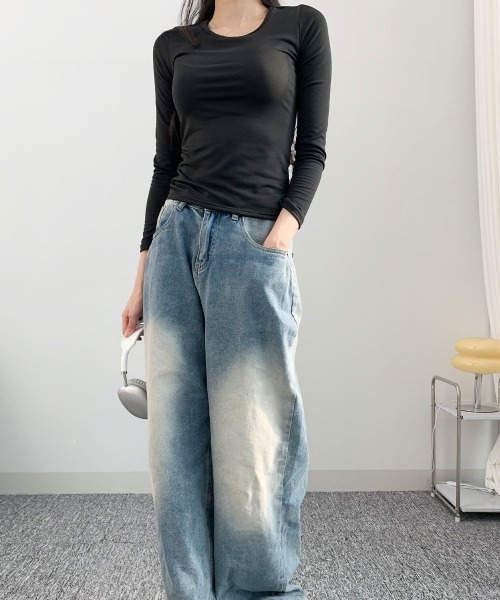 VIVID LADY(ビビッドレディー)の「裏起毛 カットソー 長袖 トップス 長袖 インナー tシャツ 韓国ファッション ヒートテック レディース シャツ レイヤード 無地 ラウンドネック あったか(Tシャツ/カットソー・レディース・カーキ/ブラック/ホワイト/グレー・FREE)」の12枚目の写真