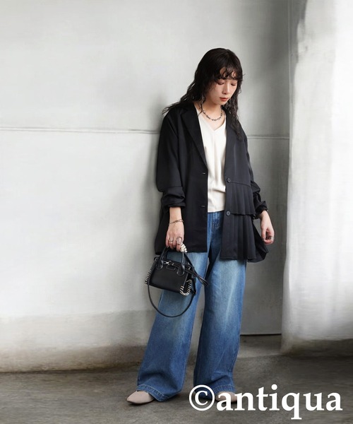 antiqua（アンティカ）の「プリーツアシメジャケット（テーラードジャケット・レディース・ブラック・ONESIZE）」の4枚目の写真