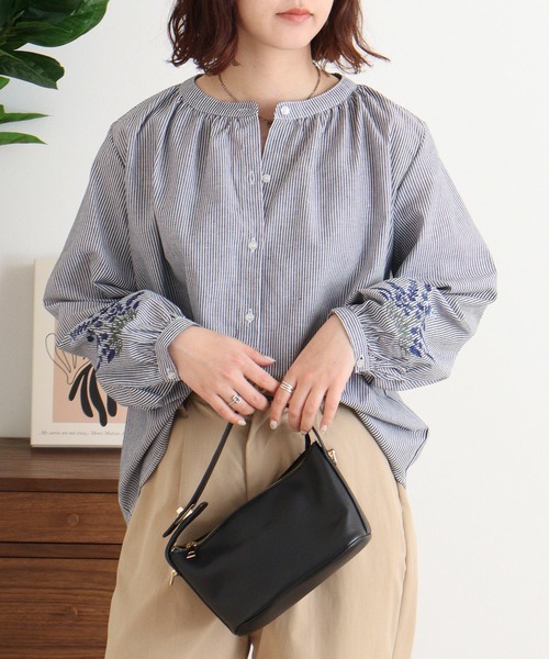 GANNI】刺繍 コットン ギャザースリーブ クロップド ブラウス