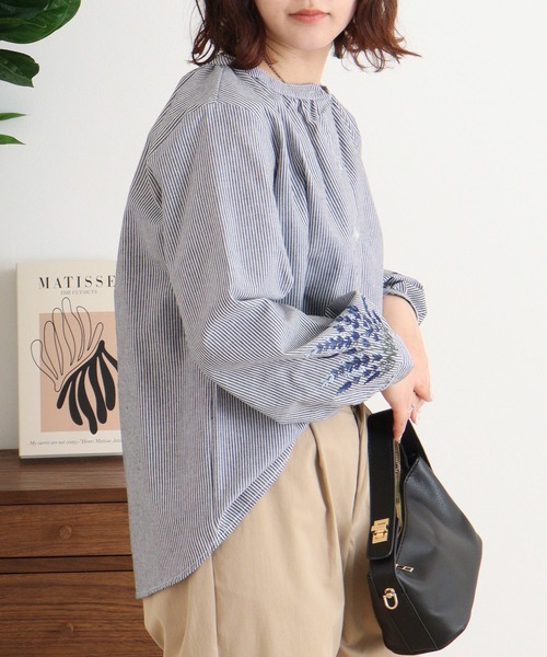 GANNI】刺繍 コットン ギャザースリーブ クロップド ブラウス