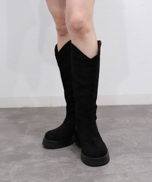 ロングブーツ Ⅴカット 厚底 スリム ジッパー ラウンドトゥ ロングブーツ Vカット 厚底 スリム バックジッパー ラウンドトゥ