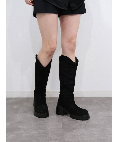 Reurie'（レウリィ）の「Vカットロングブーツ／v cut long boots 厚底 ウエスタンブーツ スウェード 韓国 カジュアル シンプル 脚長（ブーツ・レディース・ブラック/ベージュ・23/24/24.5/25/23.5）」の12枚目の写真