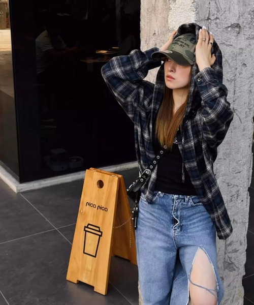 フーディー ヴィンテージライク チェックシャツ 韓国ファッション 韓国