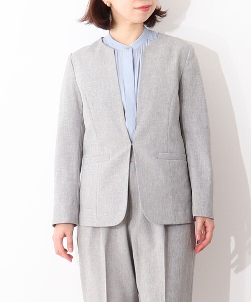 MICO COULIER（ミコクリエ）の「《セットアップ対応》ライトシャンブレージャケット（ノーカラージャケット・レディース・グレー/ネイビー・38/40/36）」の2枚目の写真