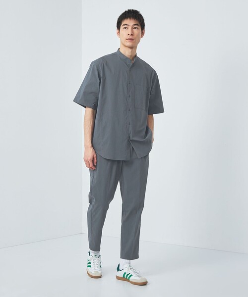 【green label relaxing】半袖シャツ バンドカラー ネイビー green label relaxing シャツ ウォッシャブルトロ バンドカラー