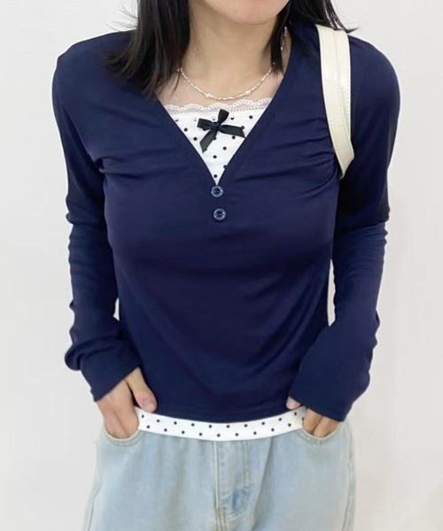 mebole(メボレ)の「ドットレースツーピーストップス(Tシャツ/カットソー・レディース・ネイビー・FREE)」の3枚目の写真