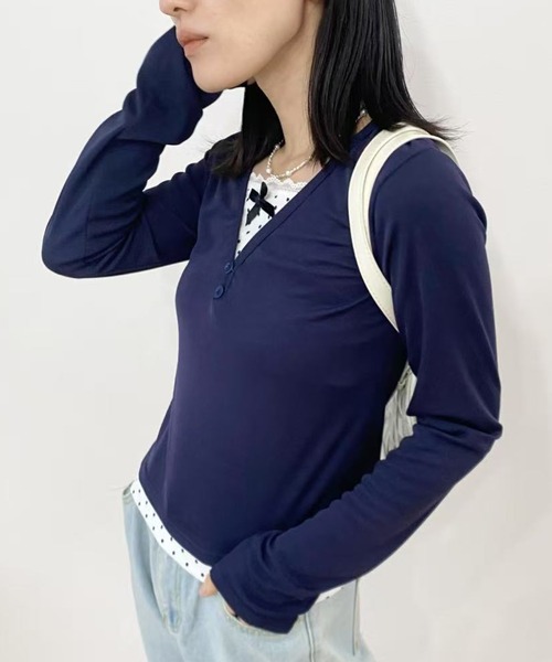 mebole(メボレ)の「ドットレースツーピーストップス(Tシャツ/カットソー・レディース・ネイビー・FREE)」の6枚目の写真