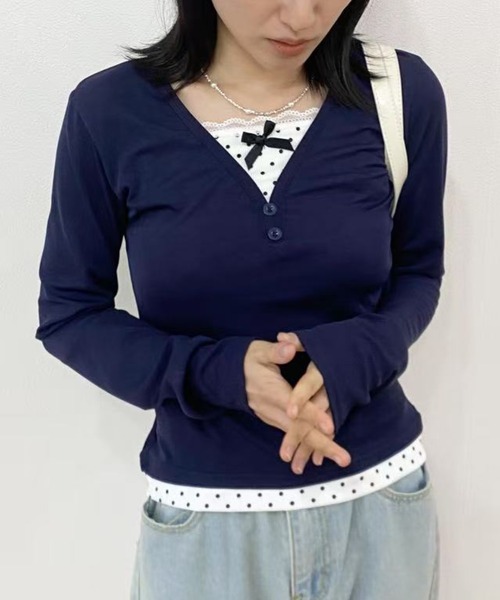 mebole(メボレ)の「ドットレースツーピーストップス(Tシャツ/カットソー・レディース・ネイビー・FREE)」の4枚目の写真