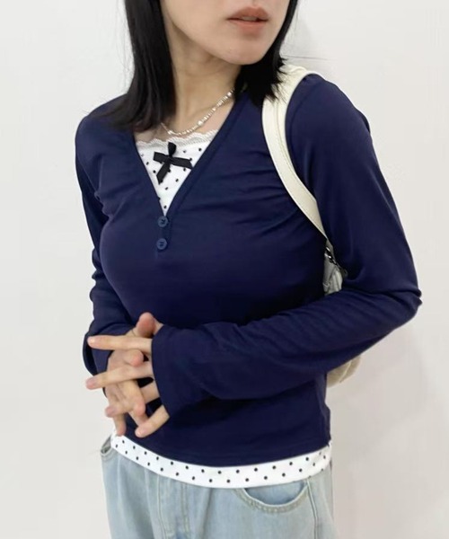 mebole(メボレ)の「ドットレースツーピーストップス(Tシャツ/カットソー・レディース・ネイビー・FREE)」の5枚目の写真