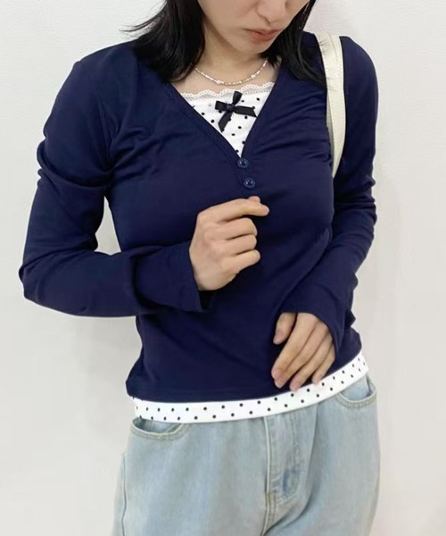 mebole(メボレ)の「ドットレースツーピーストップス(Tシャツ/カットソー・レディース・ネイビー・FREE)」の7枚目の写真