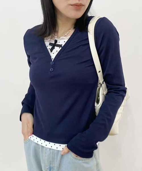 mebole(メボレ)の「ドットレースツーピーストップス(Tシャツ/カットソー・レディース・ネイビー・FREE)」の2枚目の写真