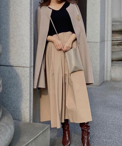 長袖リブ切替フレアワンピース【低身長・小柄女性向け】（ワンピース