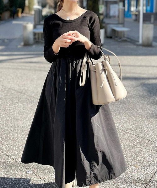 長袖リブ切替フレアワンピース【低身長・小柄女性向け】（ワンピース