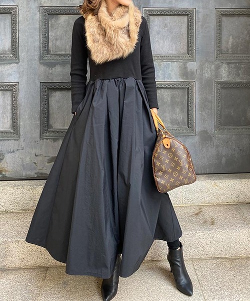 【ぺーちゃん】st.rooney 長袖 リブ切替フレアワンピース 前後2Way絶妙な小柄バランス｜長袖リブ切替フレアワンピース