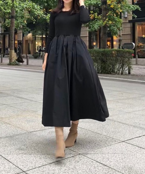 長袖リブ切替フレアワンピース【低身長・小柄女性向け】（ワンピース