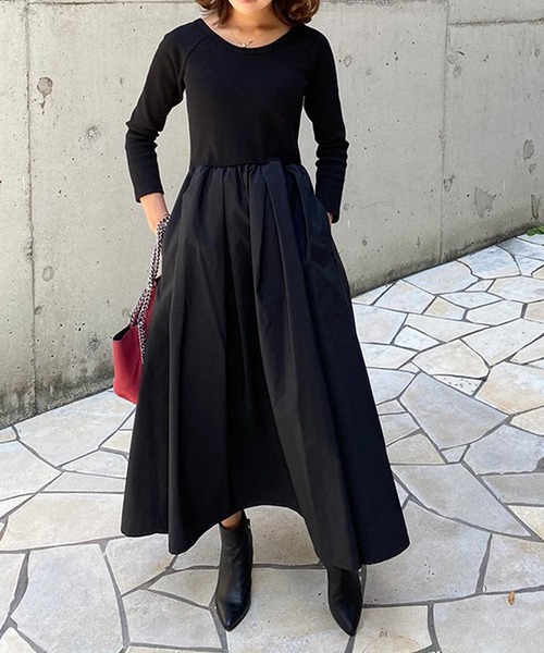 長袖リブ切替フレアワンピース【低身長・小柄女性向け】（ワンピース