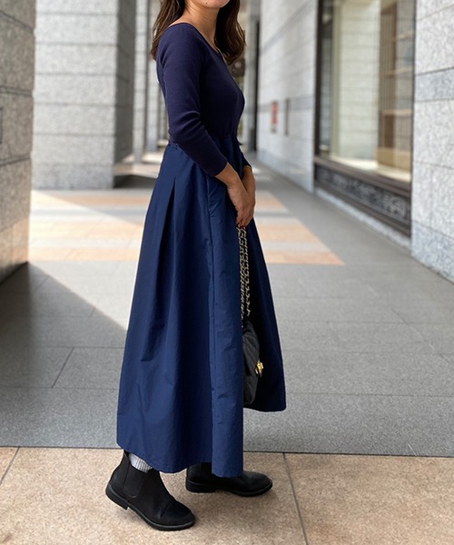 長袖リブ切替フレアワンピース【低身長・小柄女性向け】（ワンピース