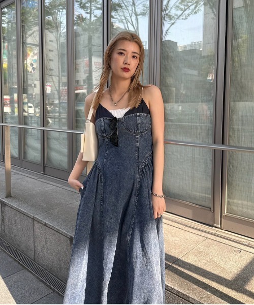 安価 ワタナベ DENIM BUSTIER DOCKING FLARE DRESS（ワンピース）｜Ameri ワンピース