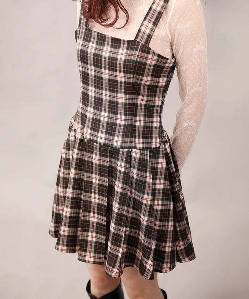 HOOK(フック)の「【HOOK】for girls チェック柄ジャンパースカート(ジャンパースカート・レディース・ブラック/グリーン・SMALL/MEDIUM/LARGE)」の1枚目の写真