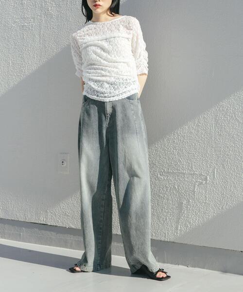 KBF（ケイビーエフ）の「ハーフスリーブドレープレースTEE（Tシャツ/カットソー・レディース・アイボリー/ブラック/オフホワイト・ONE）」の6枚目の写真