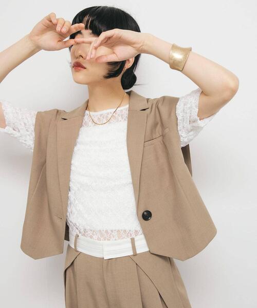 KBF（ケイビーエフ）の「ハーフスリーブドレープレースTEE（Tシャツ/カットソー・レディース・アイボリー/ブラック/オフホワイト・ONE）」の7枚目の写真