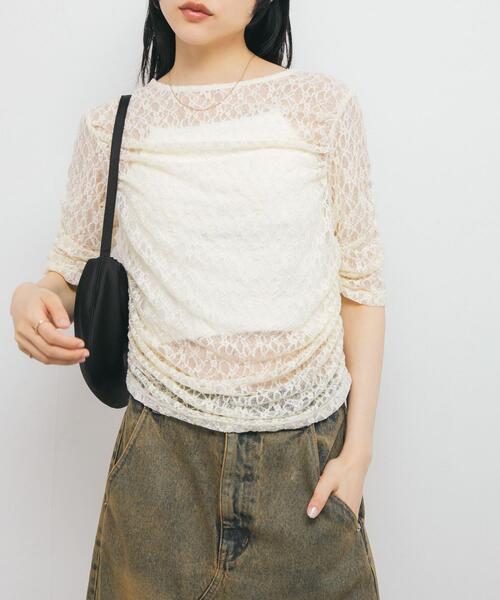 KBF（ケイビーエフ）の「ハーフスリーブドレープレースTEE（Tシャツ/カットソー・レディース・アイボリー/ブラック/オフホワイト・ONE）」の13枚目の写真