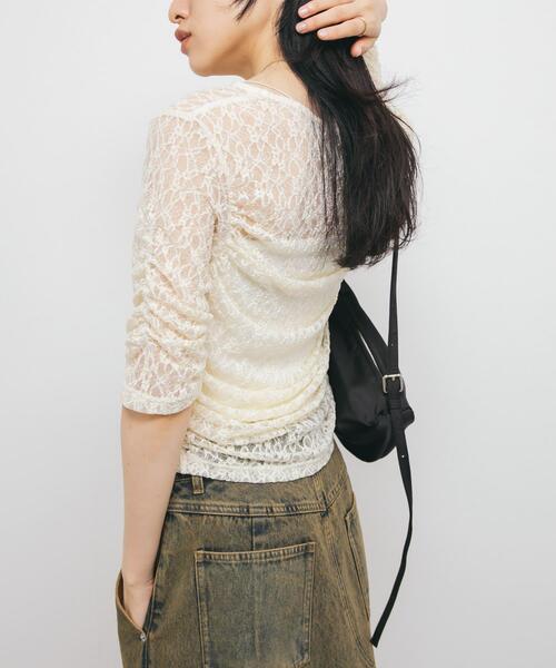 KBF（ケイビーエフ）の「ハーフスリーブドレープレースTEE（Tシャツ/カットソー・レディース・アイボリー/ブラック/オフホワイト・ONE）」の14枚目の写真