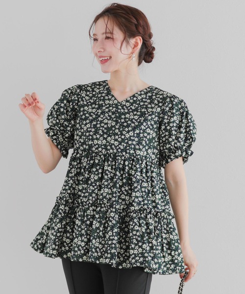 セール】小花柄パフスリーブVネックティアードトップス（その他