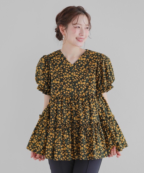 セール】小花柄パフスリーブVネックティアードトップス（その他