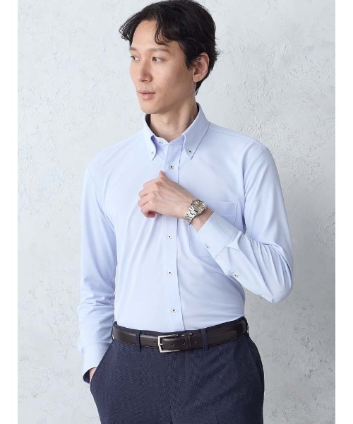 Perfect Suit FActory(パーフェクトスーツファクトリー)の「SPEEDY DRY 長袖ワイシャツ 鹿の子 ブルー(ビジネスシャツ・メンズ・ブルー・首回り37cm-裄丈80cm/首回り39cm-裄丈82cm/首回り41cm-裄丈84cm/首回り43cm-裄丈86cm)」の5枚目の写真