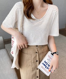 ボーダー柄Tシャツ Vネックカットソー夏