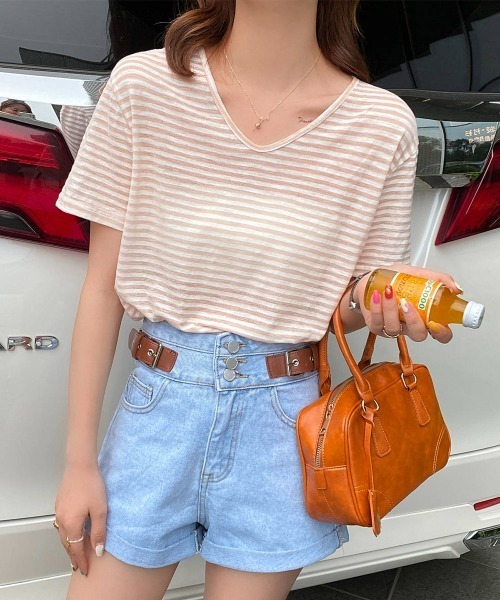 Miniministore(ミニミニストア)の「ボーダー柄Tシャツ Vネックカットソー夏(Tシャツ/カットソー・レディース・ベージュ/イエロー/ブラウン/チェリーピンク/ブラック/ピンクベージュ・FREE)」の5枚目の写真