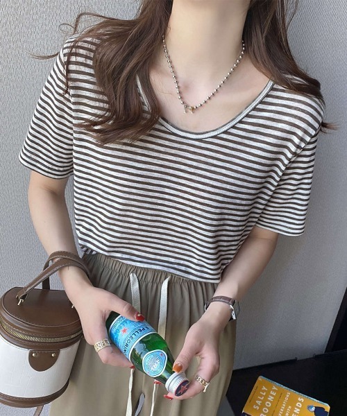 Miniministore(ミニミニストア)の「ボーダー柄Tシャツ Vネックカットソー夏(Tシャツ/カットソー・レディース・ベージュ/イエロー/ブラウン/チェリーピンク/ブラック/ピンクベージュ・FREE)」の3枚目の写真
