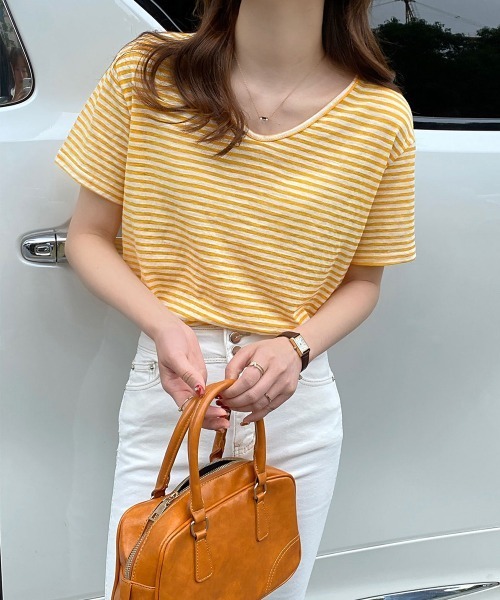 Miniministore(ミニミニストア)の「ボーダー柄Tシャツ Vネックカットソー夏(Tシャツ/カットソー・レディース・ベージュ/イエロー/ブラウン/チェリーピンク/ブラック/ピンクベージュ・FREE)」の4枚目の写真