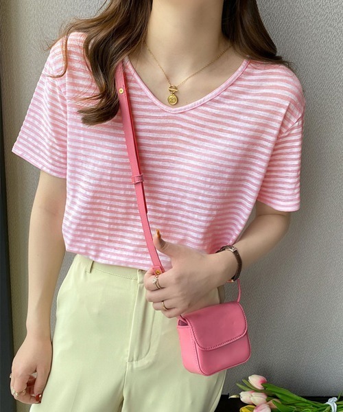 Miniministore(ミニミニストア)の「ボーダー柄Tシャツ Vネックカットソー夏(Tシャツ/カットソー・レディース・ベージュ/イエロー/ブラウン/チェリーピンク/ブラック/ピンクベージュ・FREE)」の6枚目の写真