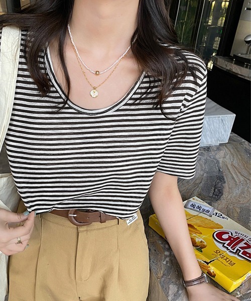 Miniministore(ミニミニストア)の「ボーダー柄Tシャツ Vネックカットソー夏(Tシャツ/カットソー・レディース・ベージュ/イエロー/ブラウン/チェリーピンク/ブラック/ピンクベージュ・FREE)」の7枚目の写真