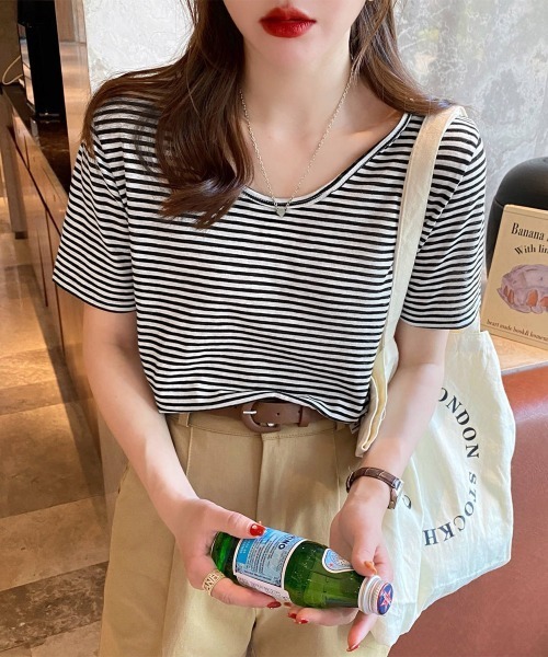 Miniministore(ミニミニストア)の「ボーダー柄Tシャツ Vネックカットソー夏(Tシャツ/カットソー・レディース・ベージュ/イエロー/ブラウン/チェリーピンク/ブラック/ピンクベージュ・FREE)」の9枚目の写真