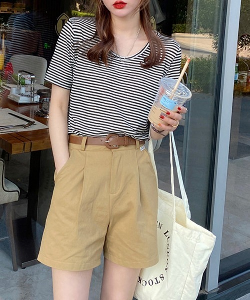 Miniministore(ミニミニストア)の「ボーダー柄Tシャツ Vネックカットソー夏(Tシャツ/カットソー・レディース・ベージュ/イエロー/ブラウン/チェリーピンク/ブラック/ピンクベージュ・FREE)」の10枚目の写真