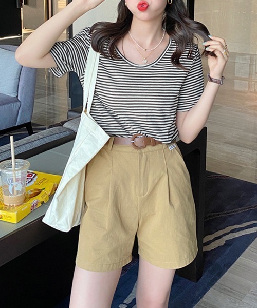 Miniministore(ミニミニストア)の「ボーダー柄Tシャツ Vネックカットソー夏(Tシャツ/カットソー・レディース・ベージュ/イエロー/ブラウン/チェリーピンク/ブラック/ピンクベージュ・FREE)」の11枚目の写真
